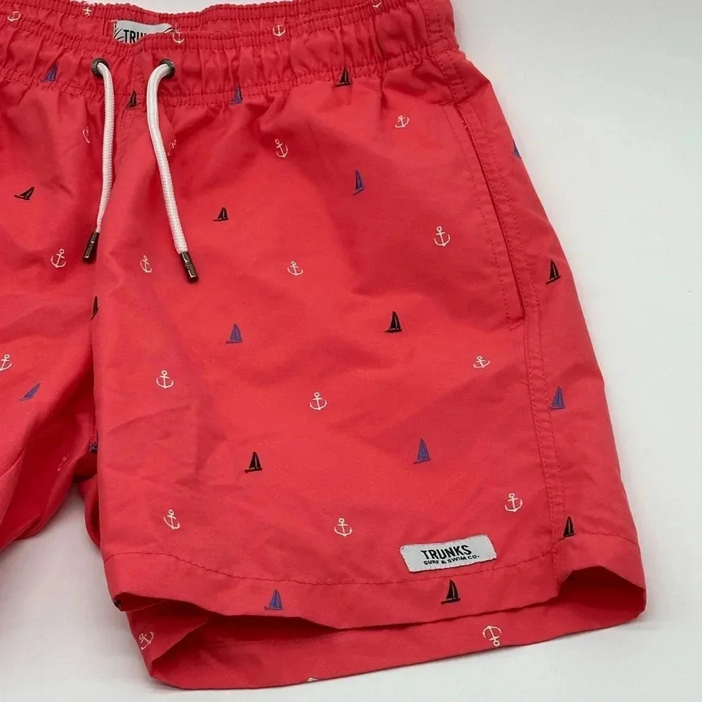 TRUNKS Surf & Swim Co. AnchoEmbroidered  Swim Trunks Men's M Red Drawstring Wais